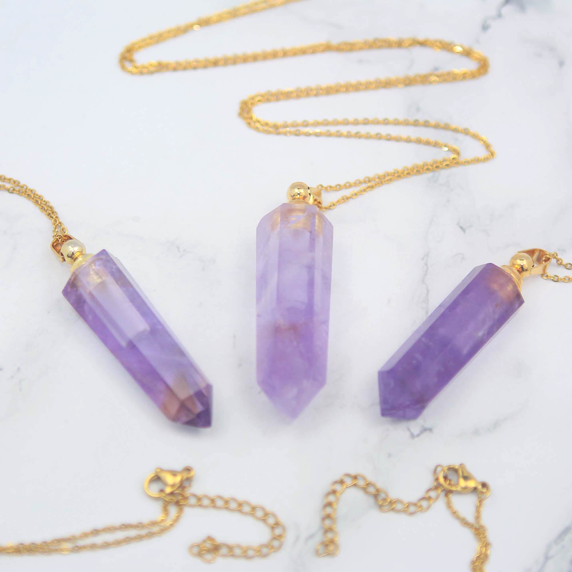 Natural Gemstone Perfume Bottle Necklace, Essential Oil Bottle