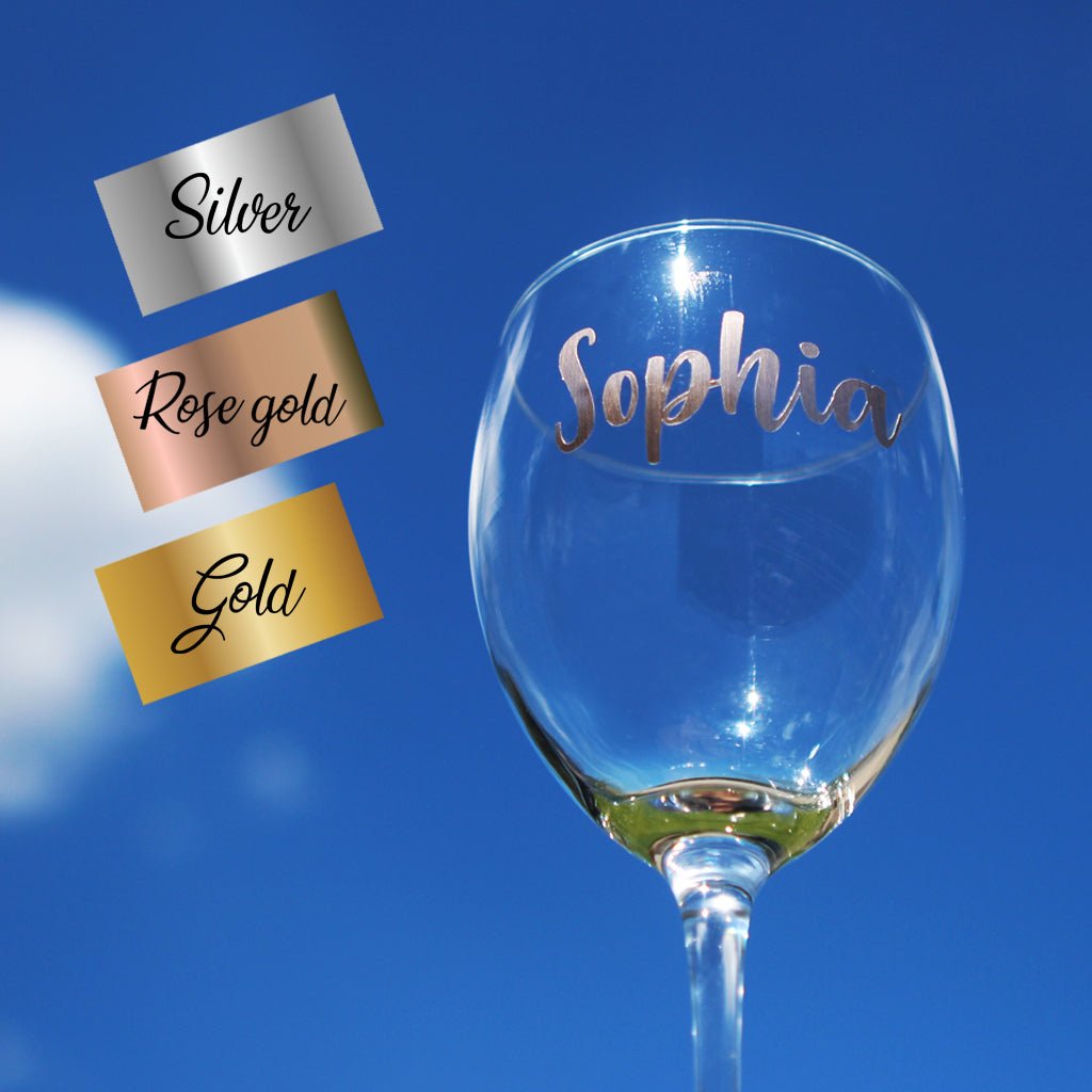 Custom Wine Glass Metallic Decals, Wine / Tumbler / Mug / Champagne Flute Decal - Personalised Wine Glass - Younique Gifts Melbourne