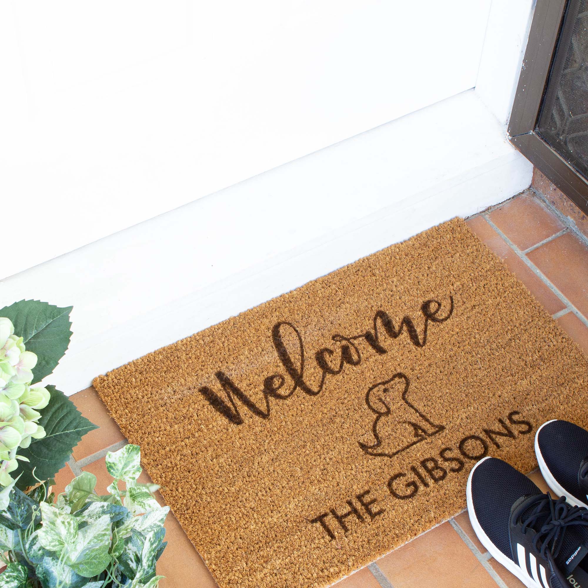 Personalised Family Name Doormat with a Dog