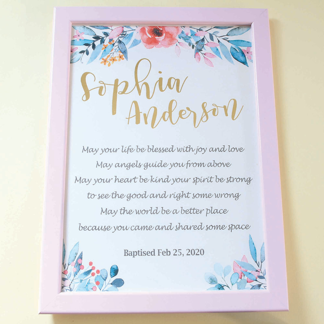 personalised baptism gift with pink frame
