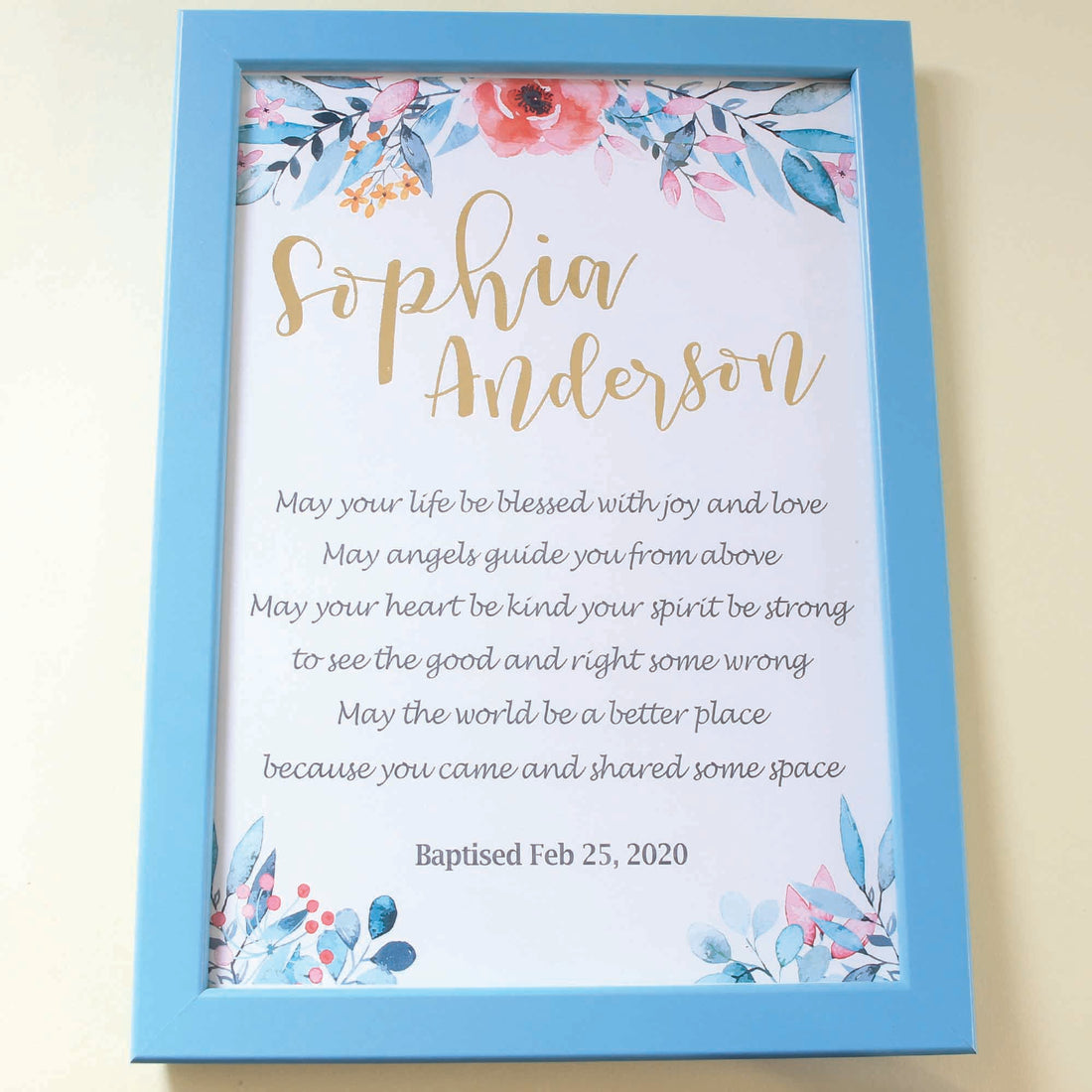 personalised baptism gift with blue frame