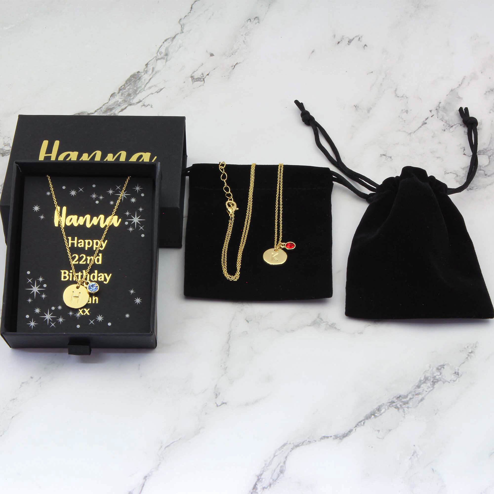 Initial & Birthstone Necklace, Custom Personalised Tiny Disk Gold, Silver, Rose Gold