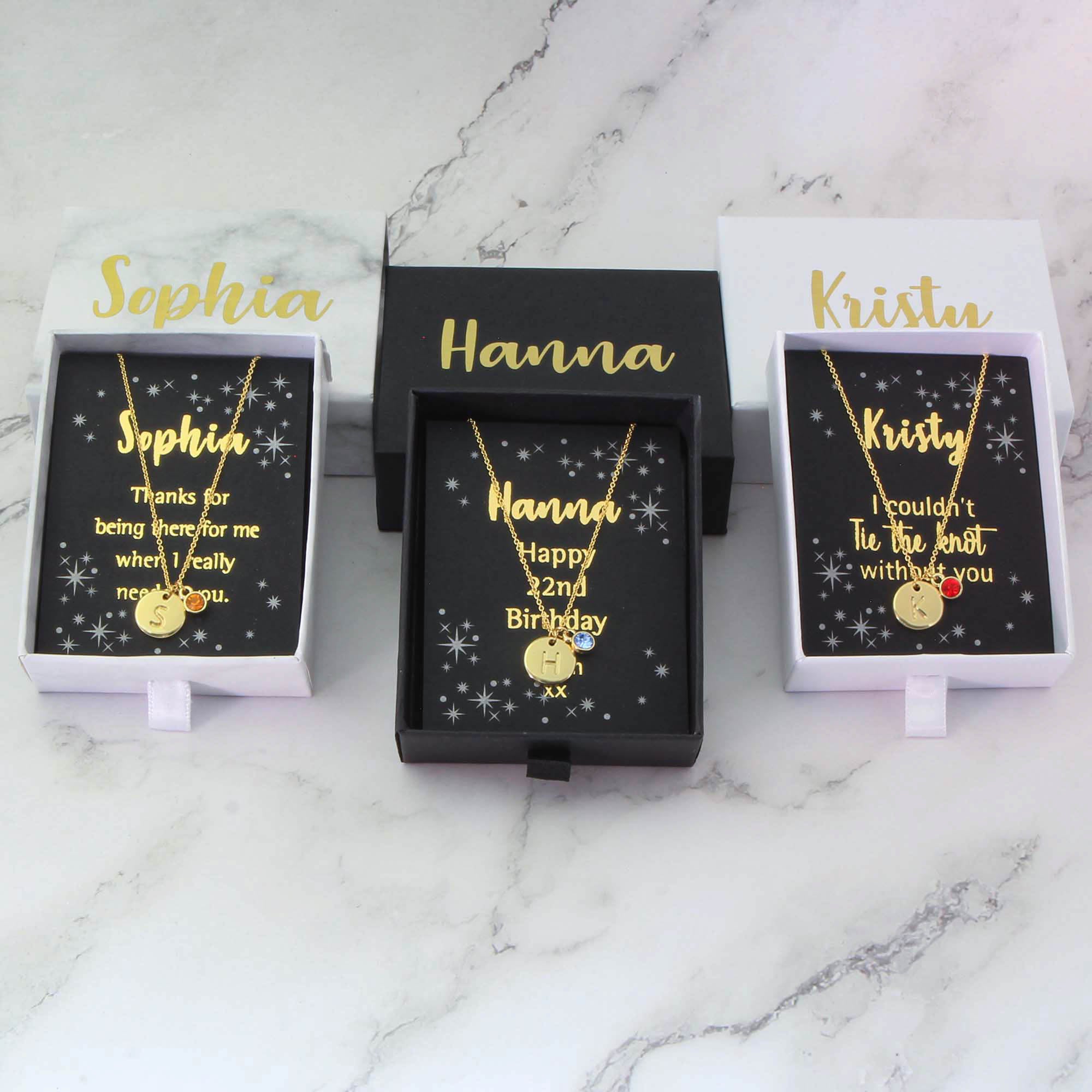 Initial & Birthstone Necklace, Custom Personalised Tiny Disk Gold, Silver, Rose Gold