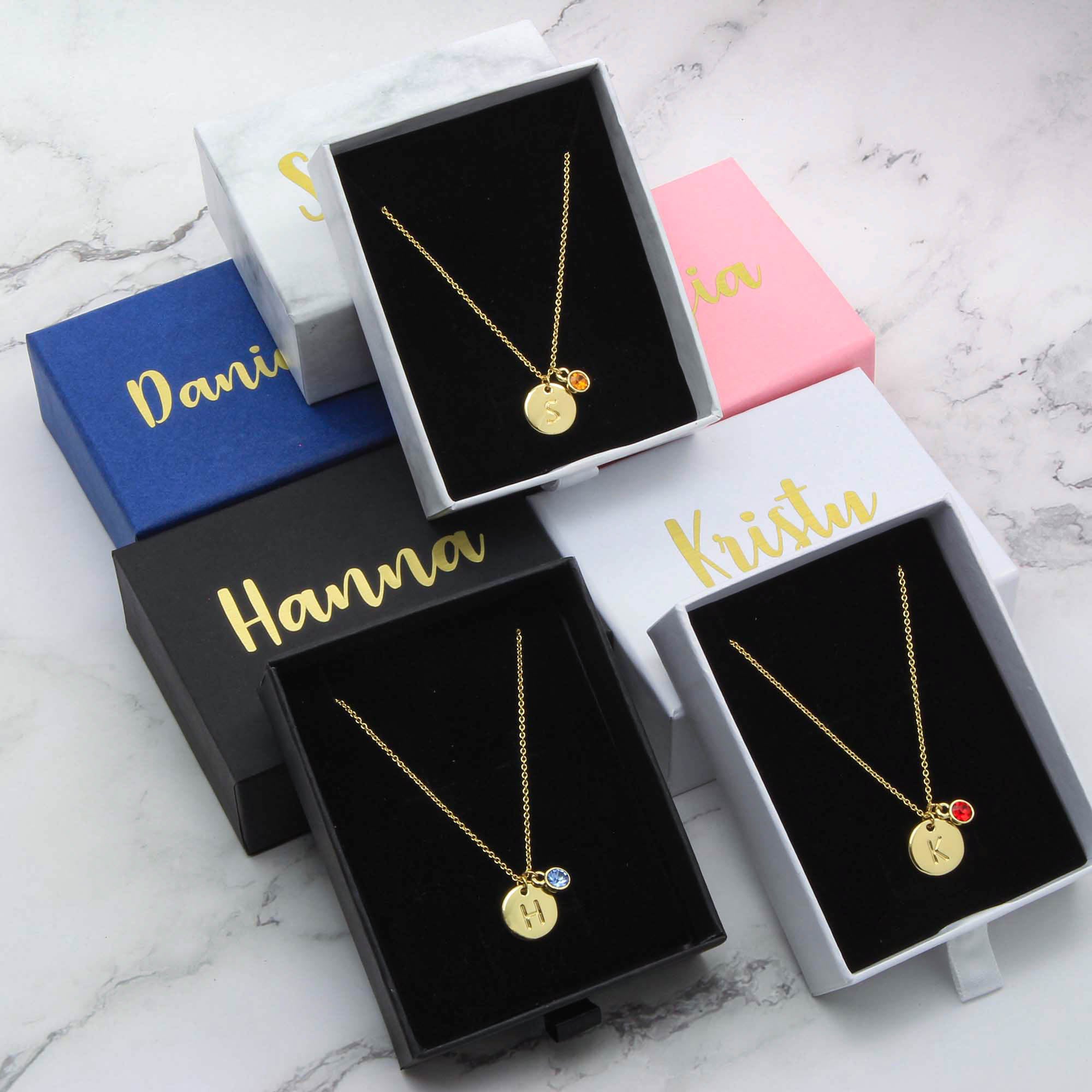 Initial & Birthstone Necklaces in personalised boxes