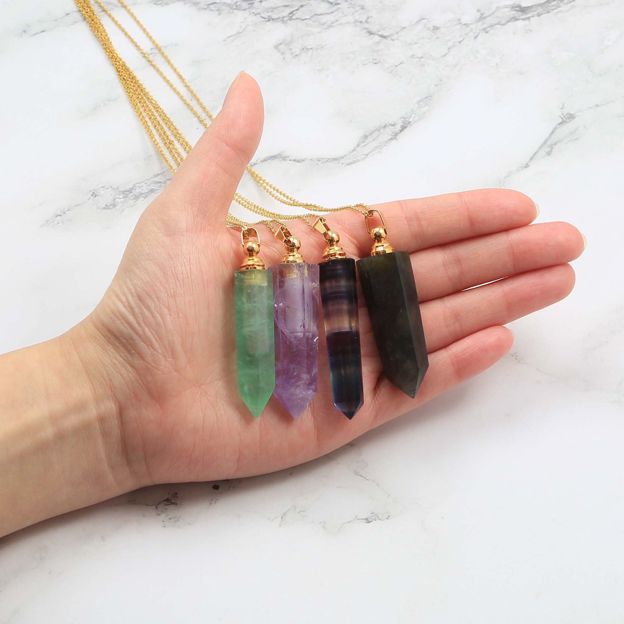 Natural Gemstone Perfume Bottle Necklace, Essential Oil Bottle