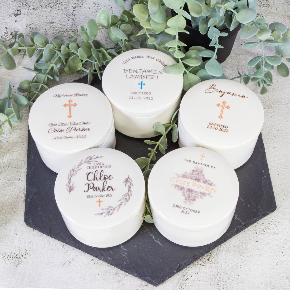 Personalised Round Keepsake box - Christening Gift, Baptism Gift, First Communion Gift, Confirmation day Gift. Jewelry box, Cross Necklace - Personalised Jewellery Box - Younique Gifts Melbourne