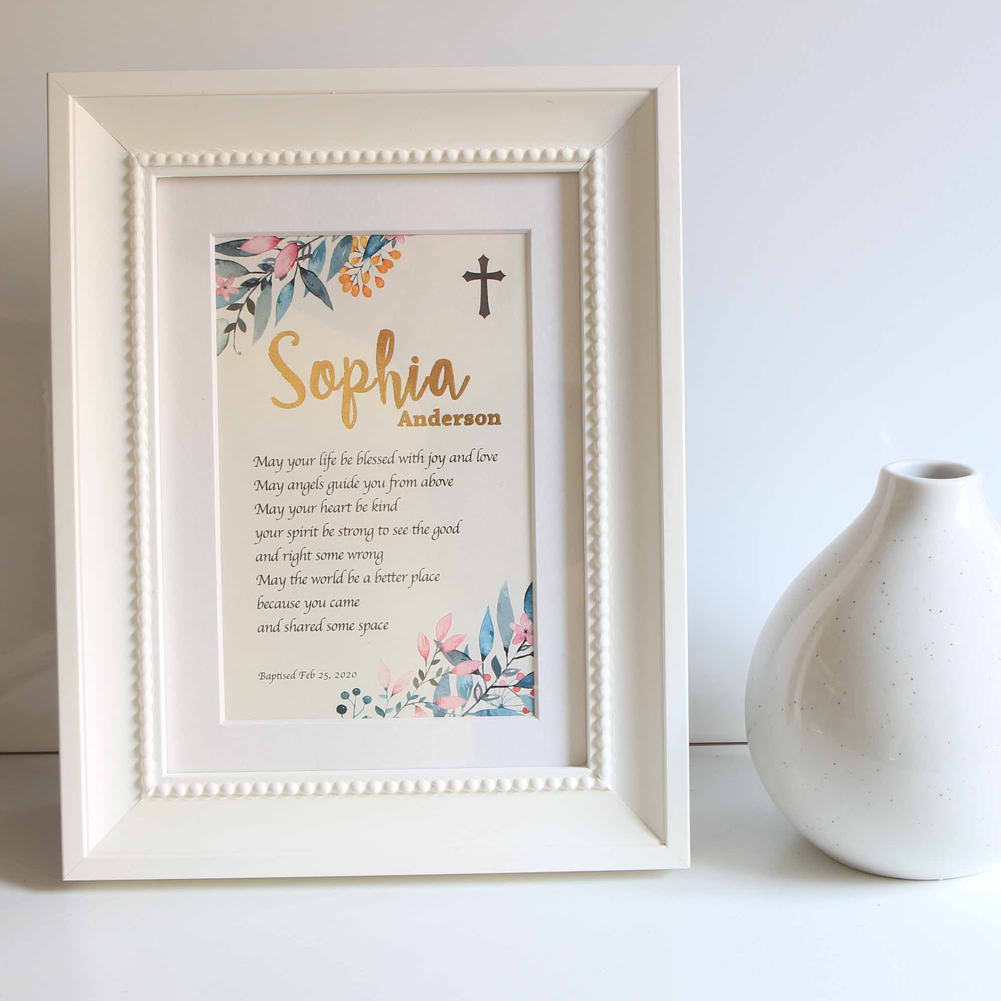 Baptism Gift, Personalised name and date, Baptism Prayer, Perfect Christening gift Frame White New