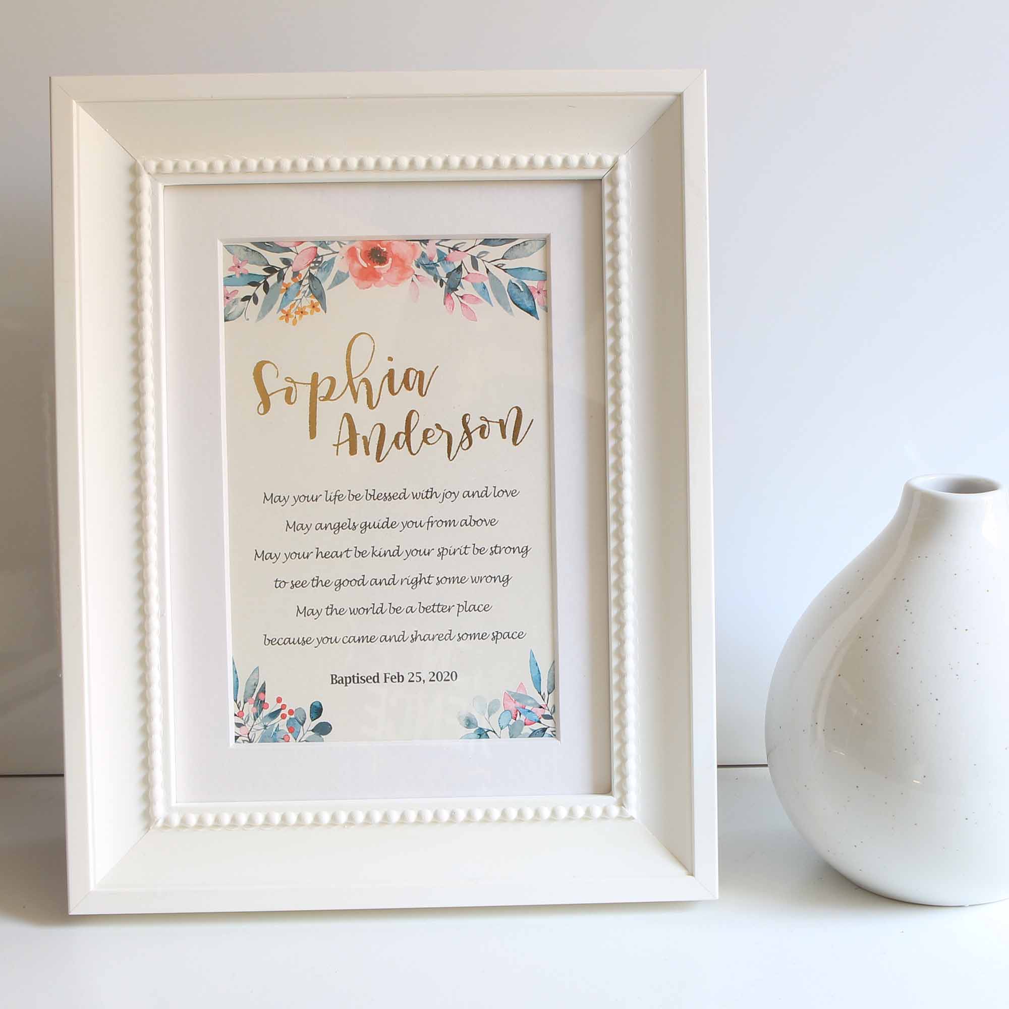 Baptism Gift, Personalised name and date, Baptism Prayer, Perfect Christening gift Frame White New