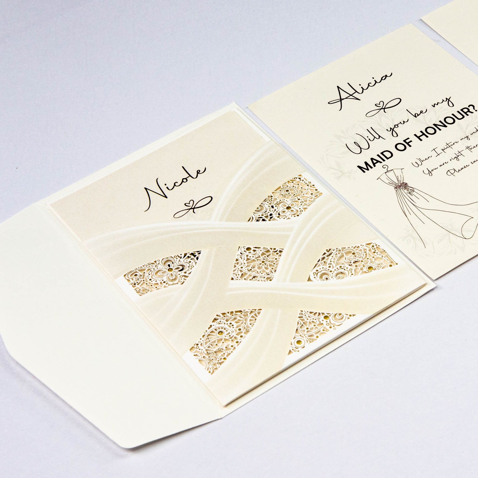 Will you be my bridesmaid, maid of honour card in modern design delicate laser cut pocket - Personalised bridesmaid proposal card - Younique Gifts Melbourne