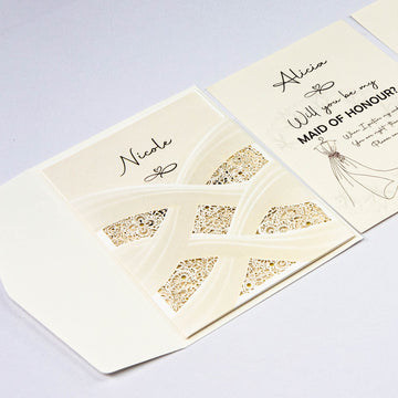 Will you be my bridesmaid, maid of honour card in modern design delicate laser cut pocket - Personalised bridesmaid proposal card - Younique Gifts Melbourne