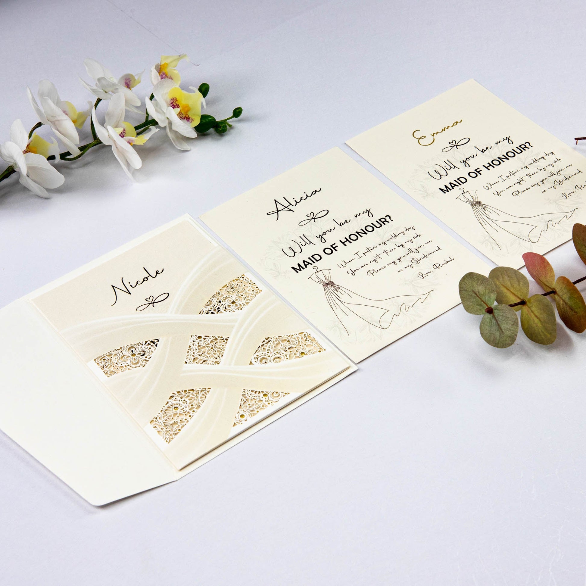 Will you be my bridesmaid, maid of honour card in modern design delicate laser cut pocket - Personalised bridesmaid proposal card - Younique Gifts Melbourne