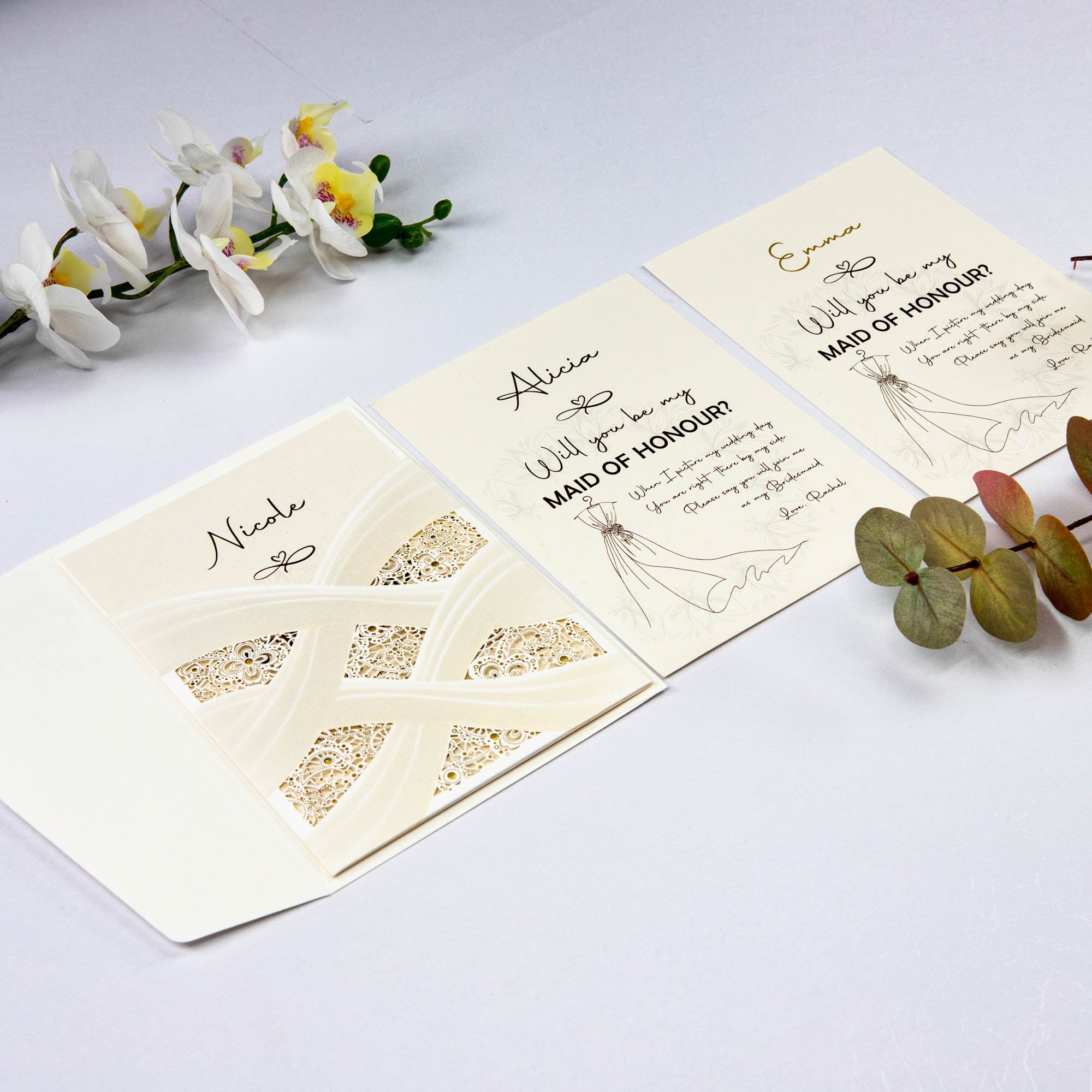 Will you be my bridesmaid, maid of honour card in modern design delicate laser cut pocket - Personalised bridesmaid proposal card - Younique Gifts Melbourne